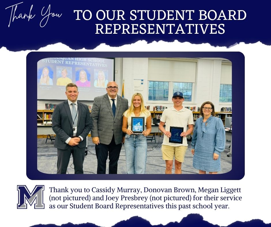 Last night, the Board of Education was proud to recognize the Student Board Representatives from the 2024-2025 school year.  Thank you to the following students for your service this year!

Donovan Brown
Megan Liggett
Cassidy Murray