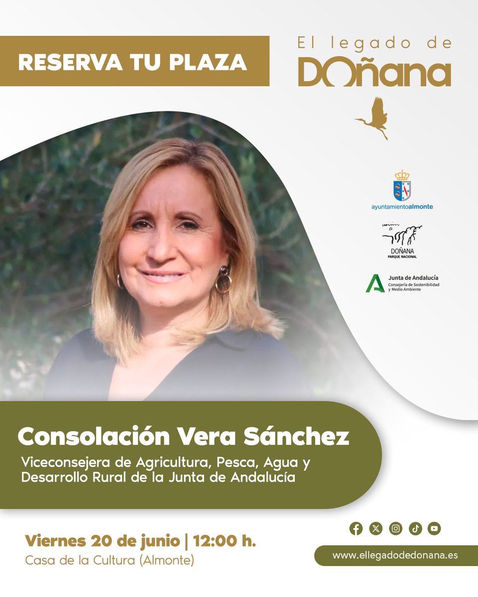 El Legado de Doñana (@legadodonana) on Twitter photo 🌱Tercera edición de #ElLegadoDeDoñana, con la viceconsejera @ConsolacionVS <a href="/AgriculturAnd/">Consejería AgriPesca</a>
📅Viernes 20 de junio
📍Almonte | 12:00
💬 Mesa redonda junto a Paco Bella y Enrique Borrallo
👉🏻 Reserva tu plaza gratuita en ellegadodedonana.es
<a href="/Ayto_Almonte/">Ayuntamiento de Almonte</a> <a href="/MedioAmbAND/">Consejería de Sostenibilidad y Medio Ambiente</a> 🌱Tercera edición de #ElLegadoDeDoñana, con la viceconsejera @ConsolacionVS <a href="/AgriculturAnd/">Consejería AgriPesca</a>
📅Viernes 20 de junio
📍Almonte | 12:00
💬 Mesa redonda junto a Paco Bella y Enrique Borrallo
👉🏻 Reserva tu plaza gratuita en ellegadodedonana.es
<a href="/Ayto_Almonte/">Ayuntamiento de Almonte</a> <a href="/MedioAmbAND/">Consejería de Sostenibilidad y Medio Ambiente</a>