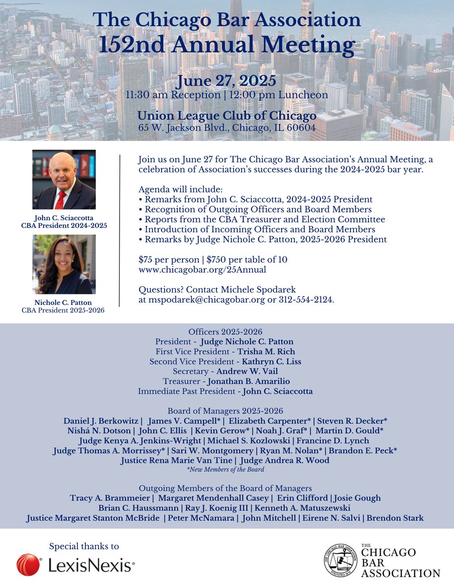 Make your reservation for the CBA's Annual Meeting! We hope to see you on June 27th to celebrate the bar year and introduce you to our new Officers and Board and Managers. Reserve your seat at chicagobar.org/25Annual.