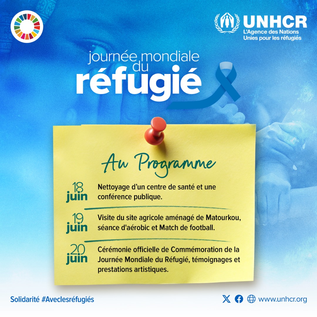 UNHCR Burkina Faso (@unhcr_bf) on Twitter photo Solidarité #Aveclesréfugiés
Cette année la cérémonie officielle de commémoration de la Journée Mondiale du Réfugié, édition 2025 aura lieu à Bob Dioulasso.
Consultez le programme des activités 👇
<a href="/UNHCRWestAfrica/">UNHCR West & Central Africa</a> Solidarité #Aveclesréfugiés
Cette année la cérémonie officielle de commémoration de la Journée Mondiale du Réfugié, édition 2025 aura lieu à Bob Dioulasso.
Consultez le programme des activités 👇
<a href="/UNHCRWestAfrica/">UNHCR West & Central Africa</a>