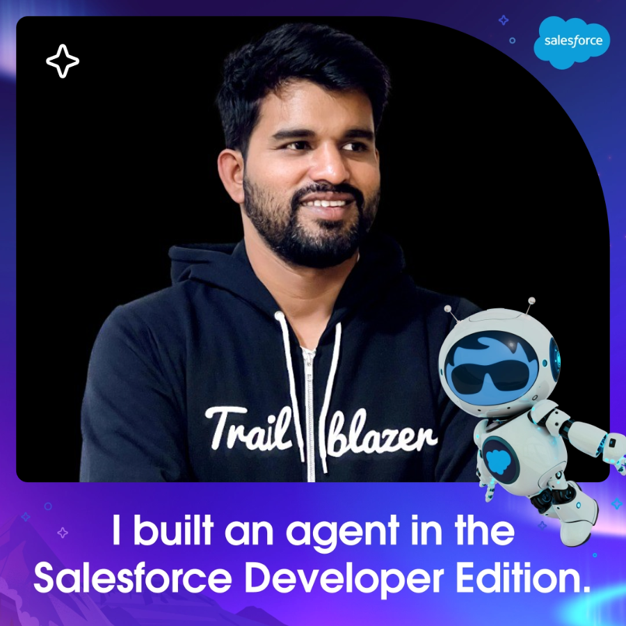 subhamsunu's tweet photo. I built an agent in the Salesforce Developer Edition! 🎉
Complete the Developer Edition Quest to build yours today and showcase your new skills with a custom photo. 🤖
Start learning: https://t.co/kx91oHfEGm
#SFGiveaway #BuiltWithAgentforce https://t.co/80jTvHI8Cj