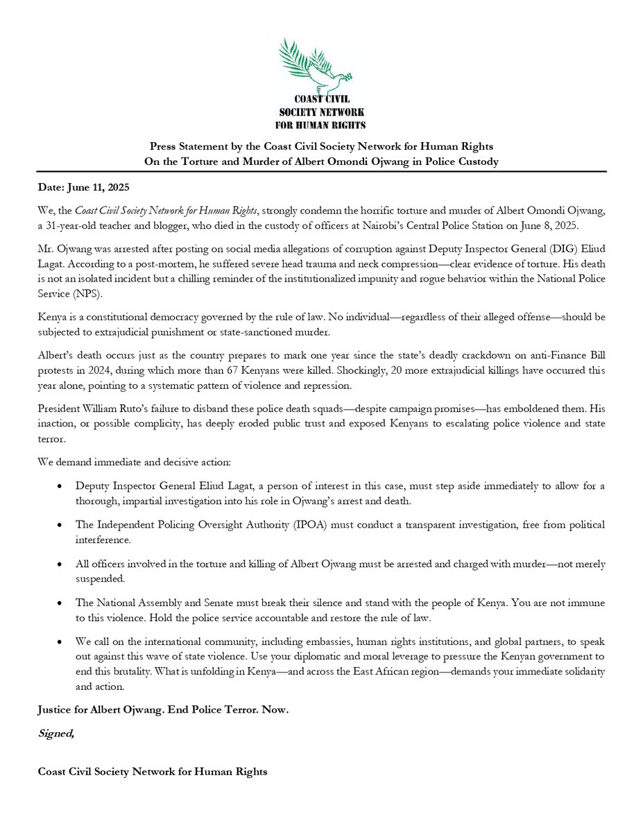 JUSTICE FOR ALBERT OJWANG
We don’t want sympathy  we want action.
No more empty words. No more cover-ups.
We demand arrests, prosecutions, and full public accountability.
This must go to the top no one is above the law.
#JusticeForAlbertOjwang
 #HakiYetu | #stoppolicebrutality M