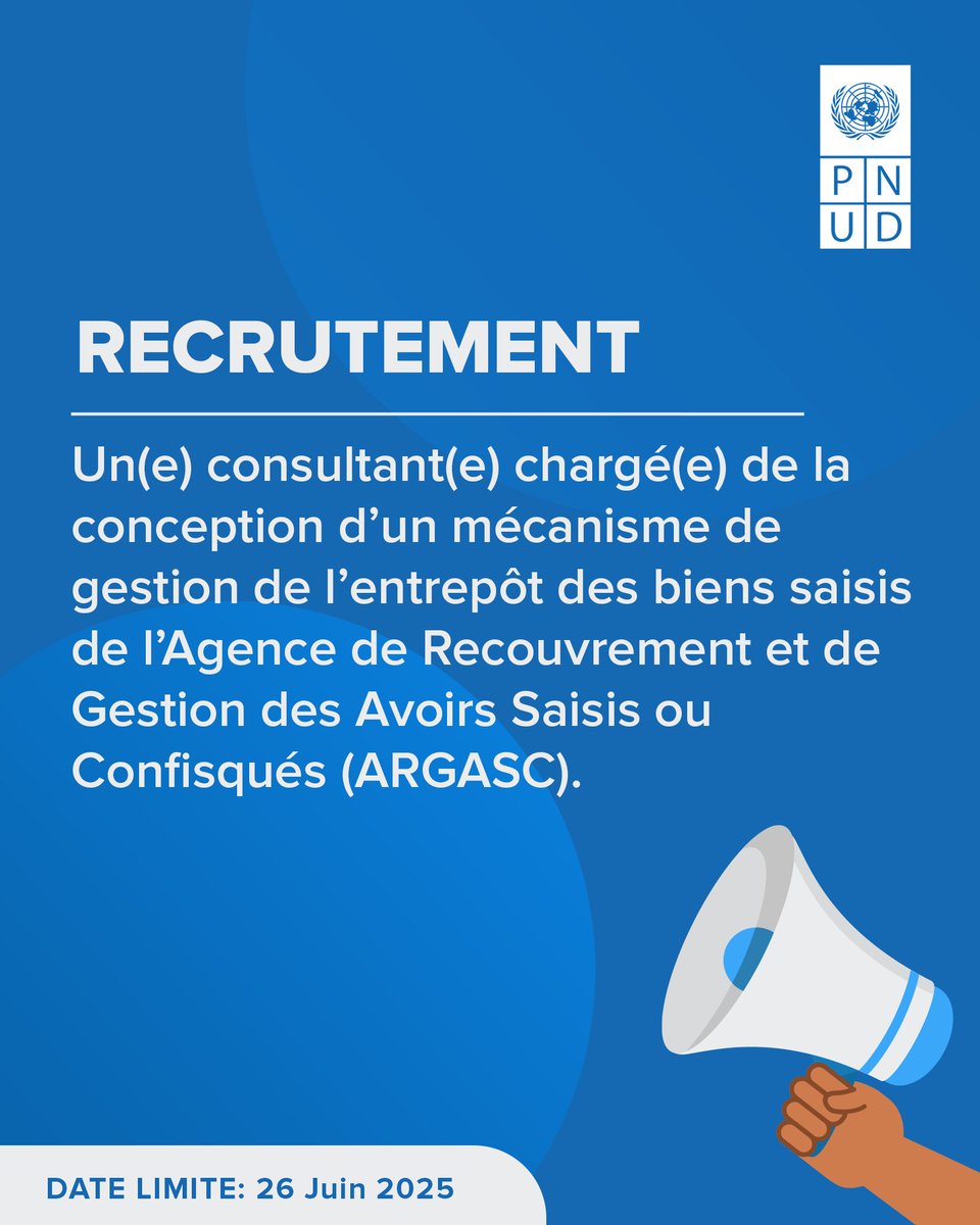 Le PNUD Mali recrute un(e) consultant(e) chargé(e) de la conception d’un mécanisme de gestion de l’entrepôt des biens saisis de l’Agence de Recouvrement et de Gestion des Avoirs Saisis ou Confisques (ARGASC).
Date limite 📅 : 26 juin 2025
Postulez ici 👉 : procurement-notices.undp.org/view_negotiati…