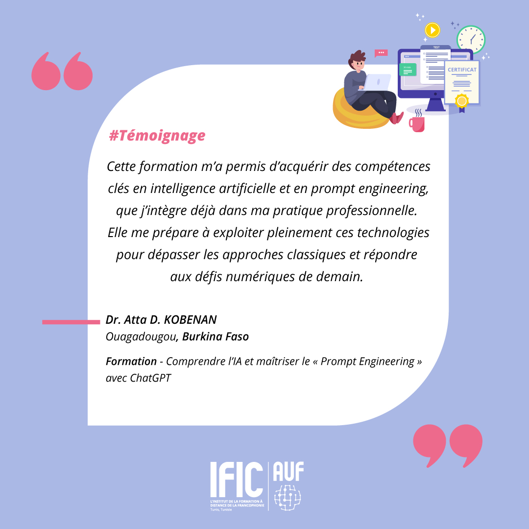IFIC_AUF's tweet photo. 🗣️Des #formations #qualifiantes #certifiantes internationales à distance pour développer vos #compétences professionnelles !

🔗 Candidatez ici  https://t.co/QJWWKKYdhn avant 24 juin 2025 et formez-vous avec le soutien de l’#IFIC-#AUF

#Témoignage de Dr. Atta D. KOBENAN 👇 https://t.co/ezoPFyE7ZH