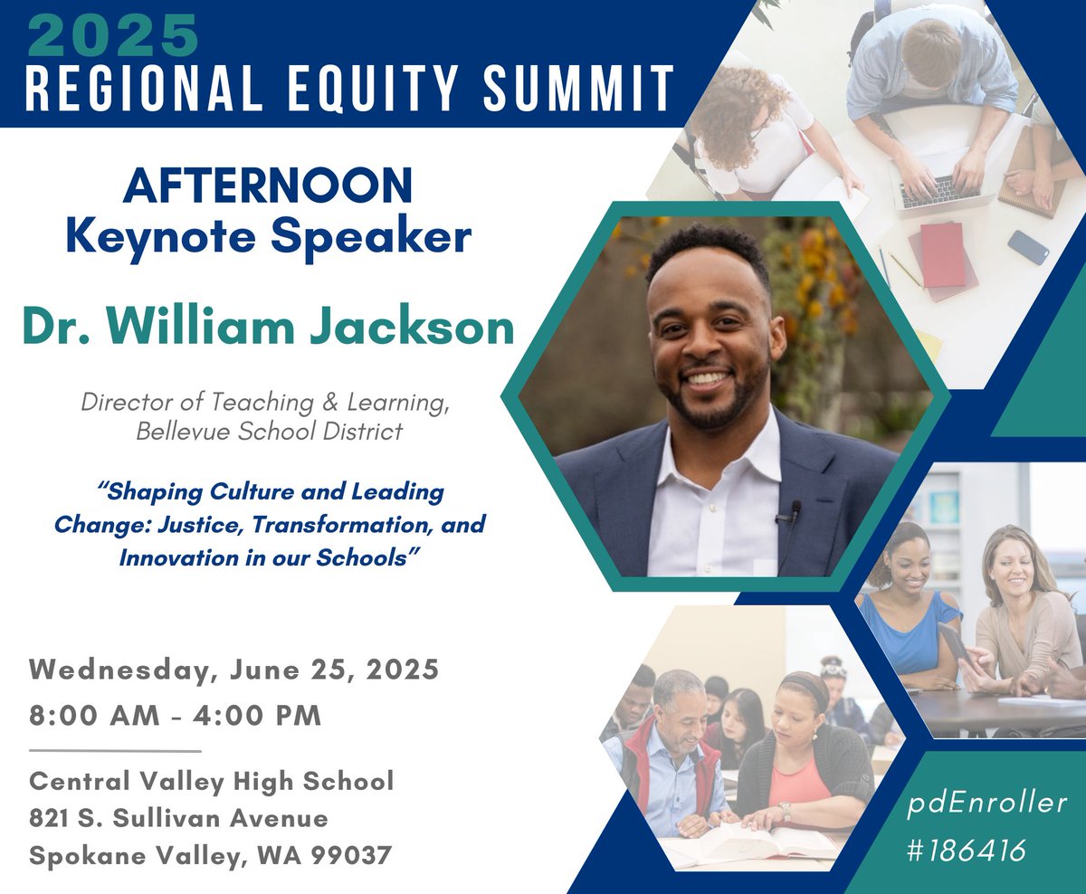 🎤 Hear Dr. William Jackson at #NEWESD101's 2025 Regional Equity Summit!

His keynote: Shaping Culture + Leading Change: Justice, Transformation, &amp; Innovation in Schools

📅 June 25 | Spokane Valley
🔗 Register: bit.ly/42pxJcM

<a href="/waOSPI/">WA State OSPI</a> <a href="/wa_esds/">Washington AESD</a> <a href="/wssda/">WSSDA</a> <a href="/AWSP_Principals/">AWSP</a>