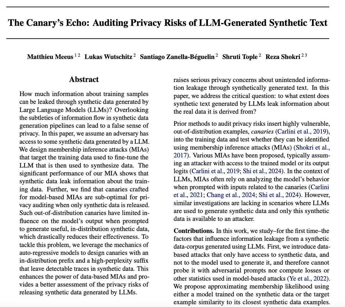 matthieu_meeus's tweet image. (1/9) LLMs can regurgitate memorized training data when prompted adversarially. But what if you *only* have access to synthetic data generated by an LLM?
In our @icmlconf paper, we audit how much information synthetic data leaks about its private training data 🐦🌬️