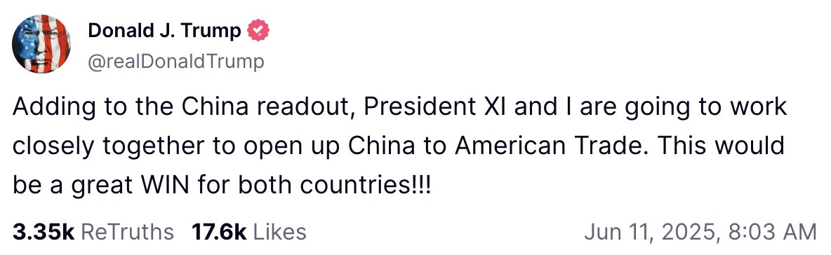 This addendum post is more important than Trump's initial post on the "China deal"

My best-effort neutral analytical interpretation:

- export controlled goods are all on the table to be negotiated
- China (obviously) wants semiconductor manufacturing equipment, may be some