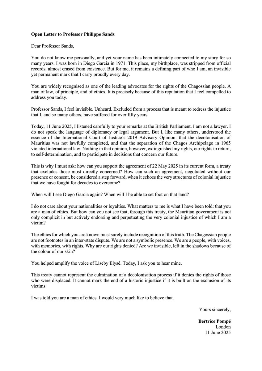 Open letter to Professor Philippe Sands from Bertrice Pompé, born on Diego Garcia. <a href="/UNHumanRights/">UN Human Rights</a> <a href="/DavidLammy/">David Lammy</a> <a href="/SDoughtyMP/">Stephen Doughty HC MP</a>