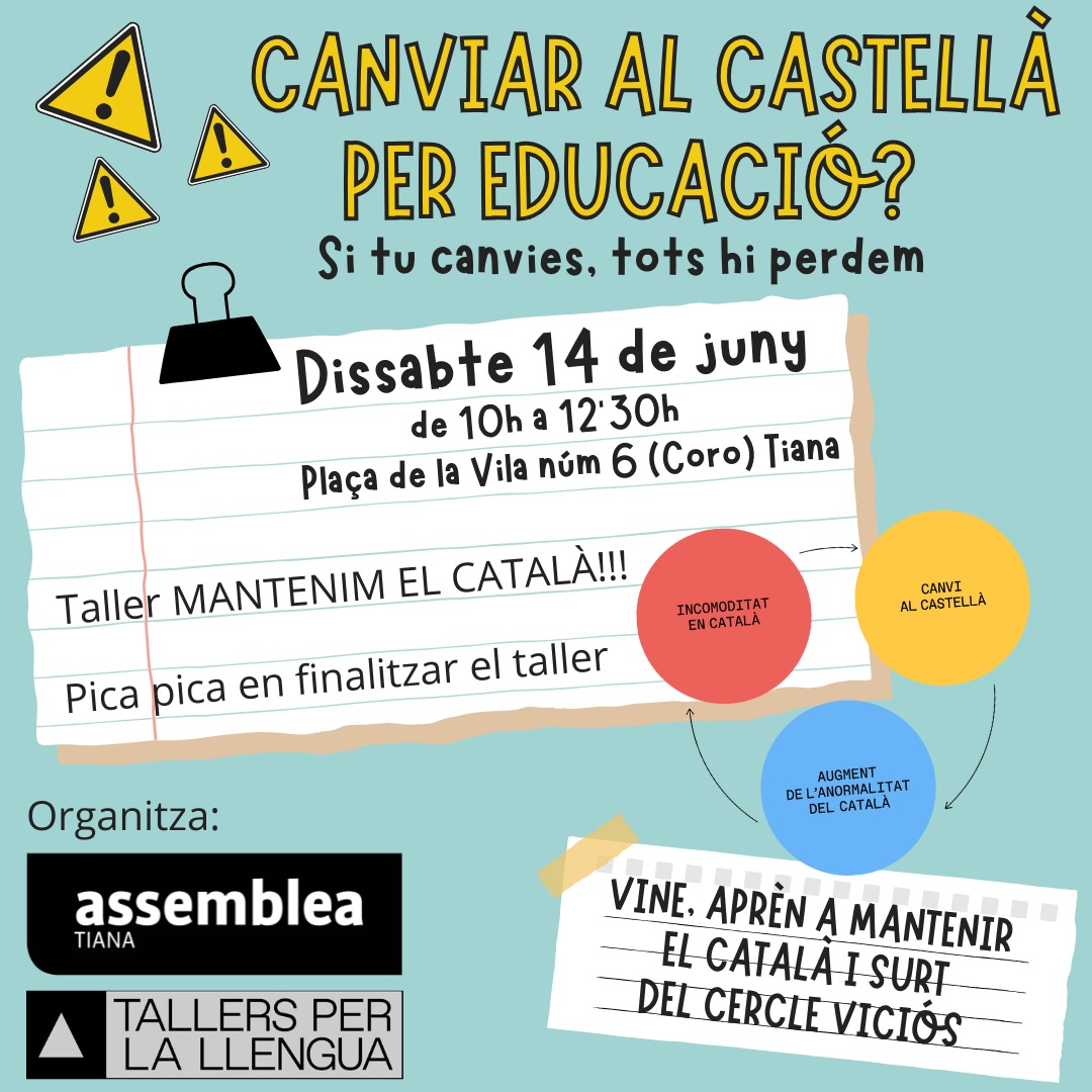 Si no parlem en català als nouvinguts  no els donem l'oportunitat d'aprendre'l.

Vols aprendre recursos per a mantenir-se en català amb comoditat?

Vine dissabte a #Tiana al taller de <a href="/TallersxLlengua/">Tallers per la Llengua</a> 

<a href="/ANCMontgat/">ANC Montgat</a> 
<a href="/ancmasnou/">ANC del Masnou 🎗</a> 
<a href="/ANCAlella/">ANC Alella</a> 
<a href="/ancteia/">ANC Teià</a> 
<a href="/assemblea/">Assemblea Nacional Catalana</a> 
<a href="/mantincelcatala/">Mantinc el Català</a>
