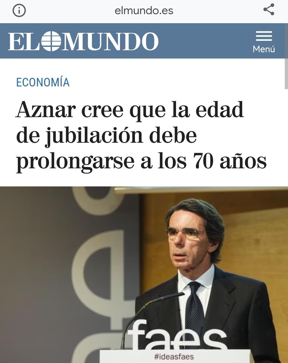 eris_28's tweet photo. El expresidente José María Aznar, que cobra una pensión vitalicia desde sus 51 años de 74.580 euros anuales, 327.000€ como consejero de News Corporation desde 2006, 200.000€ anuales en Endesa en el pasado y algunas remuneraciones más, opina que debemos jubilarnos a los 70 años. https://t.co/ybWPxX1F3z
