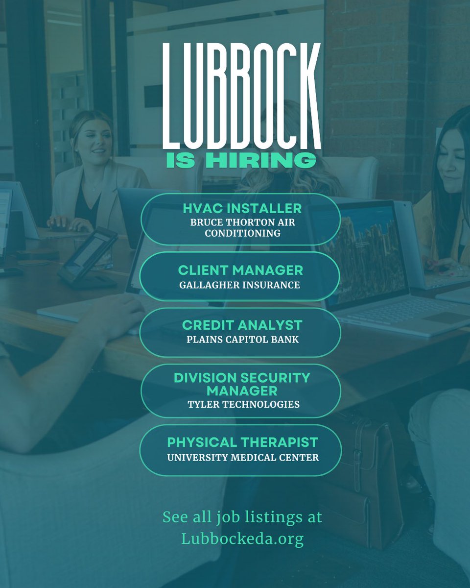 Lubbock is hiring ✨

Explore these jobs &amp; more on our website: lubbockeda.org/working-in-lub…

#lubbock #workinlubbock #jobsinlubbock #careerinlubbock #jobsearch #jobseekers #texas #jobsintexas #jobopportunity #lifeinlubbock #HVAC #healthcarejobs #technologyjobs 

<a href="/tylertech/">Tyler Technologies</a>