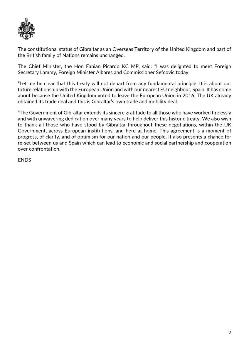 The announcement today of an Agreement to proceed with a UK-EU treaty to govern the future relationship of Gibraltar with the EU can only be good news for citizens and businesses in Gibraltar who now have certainty and clarity in their lives after the disruption caused by Brexit
