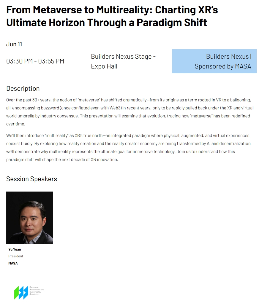 Join us today at AWE USA 2025, the world’s leading XR event, for a mind-bending speech "From Metaverse to Multireality: Charting XR’s Ultimate Horizon Through a Paradigm Shift" at 3:30 PM PDT on the Builders Nexus Stage in the Expo Hall!

Over the past 30+ years, the notion of