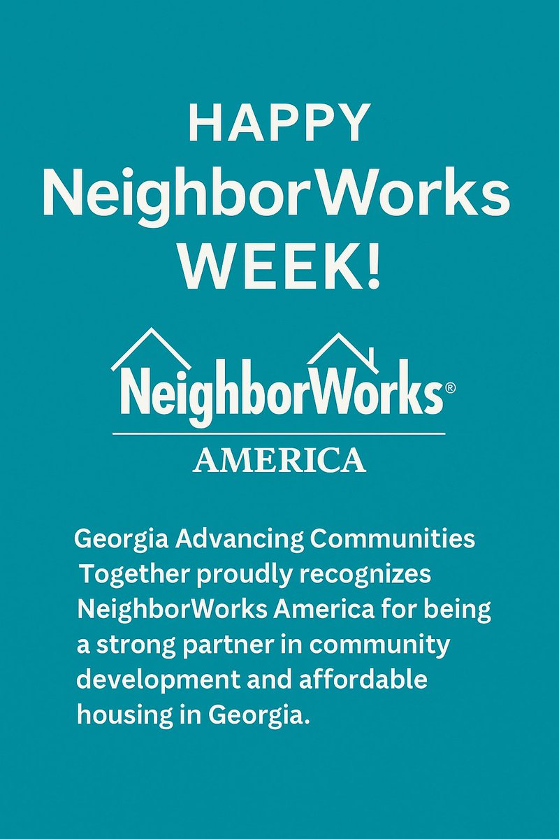 GeorgiaACT's tweet photo. Georgia ACT celebrates #NeighborWorksWeek by recognizing @NeighborWorks for being a strong partner in advancing affordable housing and community development in Georgia. Together, we’re building vibrant, thriving communities! 🏡💙
#HousingMatters #CommunityDevelopment #GeorgiaACT https://t.co/P5RN0frZzt
