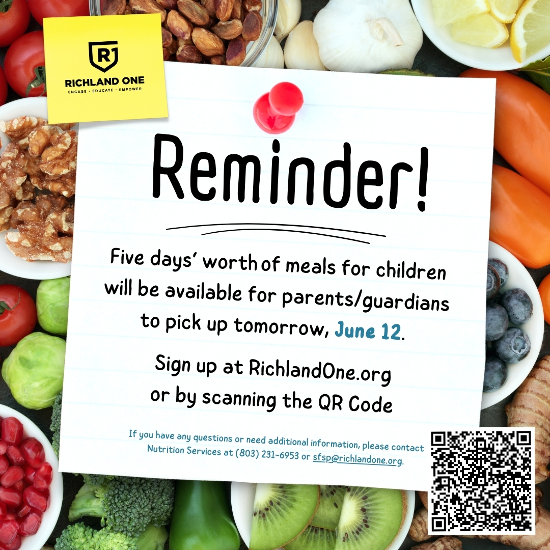 REMINDER: Five days’ worth of meals for children will be available for parents/guardians to pick up on June 12.

All meal pick-ups will take place from 8:30 a.m.–11 a.m. at <a href="/R1ForestHeights/">Forest Heights</a> and <a href="/ElemHopkins/">Hopkins Elementary School</a>.

Sign up at RichlandOne.org or scan the QR Code.