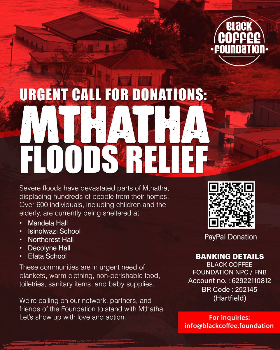We’re calling on our community, partners, and friends to show up for Mthatha. 

Over 600 people ,young and old ,are in temporary shelters after devastating floods. They urgently need relief items.

Can your company, team, or circle help?