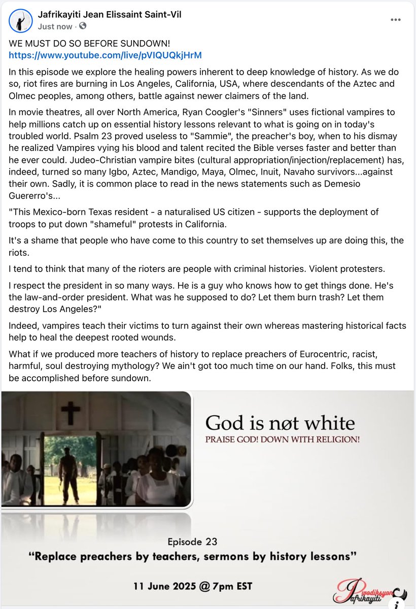 Jafrikayiti (@jafrikayiti) on Twitter photo Teachers of history will yield more righteous sinners. Join our discussion tonight at 7 PM EST @Jafrikayiti (Youtube, Facebbok, LinkedIn).youtube.com/live/pVIQUQkjH… Please call (613) 482-2549 via WhatsApp <a href="/SolQuebecHaiti/">Solidarité Québec-Haïti</a> <a href="/ErityeDesalin/">Eritye Papa Desalin</a> <a href="/manzechou/">Manzè CHOUBLAK</a> <a href="/mrdannyglover/">Danny Glover</a> <a href="/EDanticat/">Edwidge Danticat</a> <a href="/Ayibopost/">AyiboPost</a> Teachers of history will yield more righteous sinners. Join our discussion tonight at 7 PM EST @Jafrikayiti (Youtube, Facebbok, LinkedIn).youtube.com/live/pVIQUQkjH… Please call (613) 482-2549 via WhatsApp <a href="/SolQuebecHaiti/">Solidarité Québec-Haïti</a> <a href="/ErityeDesalin/">Eritye Papa Desalin</a> <a href="/manzechou/">Manzè CHOUBLAK</a> <a href="/mrdannyglover/">Danny Glover</a> <a href="/EDanticat/">Edwidge Danticat</a> <a href="/Ayibopost/">AyiboPost</a>