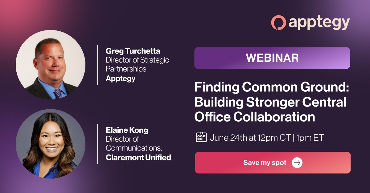 Apptegy (@apptegy) on Twitter photo When supers, comms, and tech get on the same page, the sky is the limit for your schools.
Join Apptegy's Greg Turchetta and <a href="/claremontusd/">Claremont USD</a>'s Elaine Kong for a webinar exploring each role's strengths and what great teamwork looks like in practice.
apptegy.zoom.us/webinar/regist… When supers, comms, and tech get on the same page, the sky is the limit for your schools.
Join Apptegy's Greg Turchetta and <a href="/claremontusd/">Claremont USD</a>'s Elaine Kong for a webinar exploring each role's strengths and what great teamwork looks like in practice.
apptegy.zoom.us/webinar/regist…