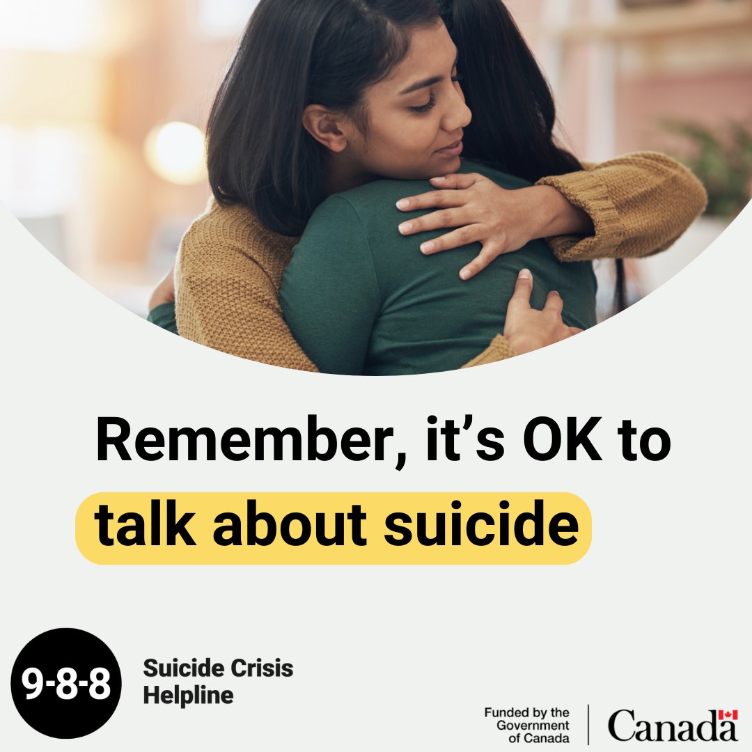 Talking about suicide isn’t easy. Even bringing it up can be scary, but it’s important that we keep talking about it. Not only does it help break the stigma, it can help save lives. 

To learn more: 988.ca/understanding-…  #988Canada