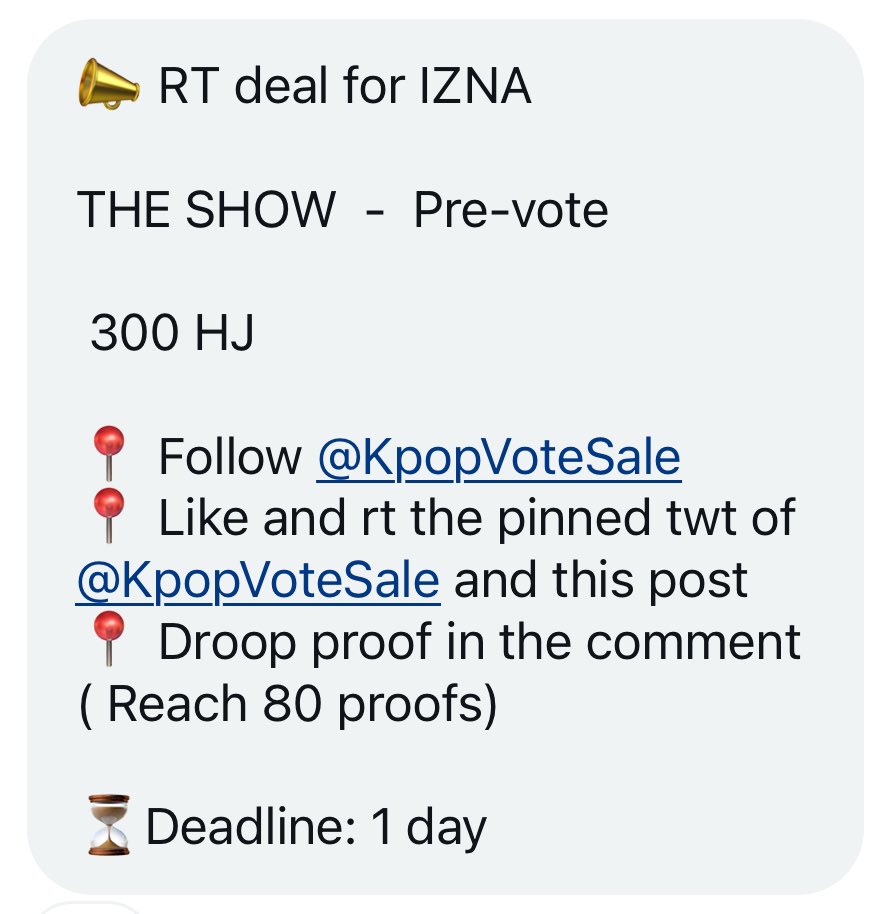 [250612] RT DEAL for #IZNA

🗳️ The Show Pre-Vote

🏆 300 heart jellies 

RULES:
- Follow <a href="/KpopVoteSale/">Kpop Vote Sale</a> 
- Like &amp; rt <a href="/KpopVoteSale/">Kpop Vote Sale</a>’s pinned twt
- Like &amp; rt this twt
- Drop proofs (80 min)

🗓️ Deadline: 24 hrs 

#izna #이즈나 #イズナ <a href="/izna_offcl/">izna</a> <a href="/izna_offcl_jp/">izna JP</a>