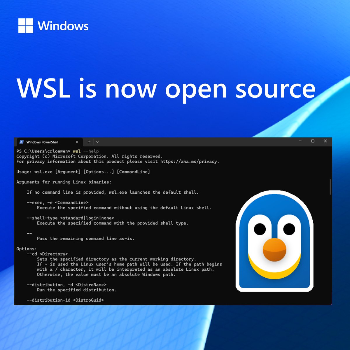 windowsdev's tweet image. Windows Subsystem for Linux is now open source! 🎉 The code that powers WSL is live on GitHub. You can download WSL and build it from source, add new fixes and features, and participate in WSL’s active development. Learn more about this exciting milestone: msft.it/6016SqqCQ