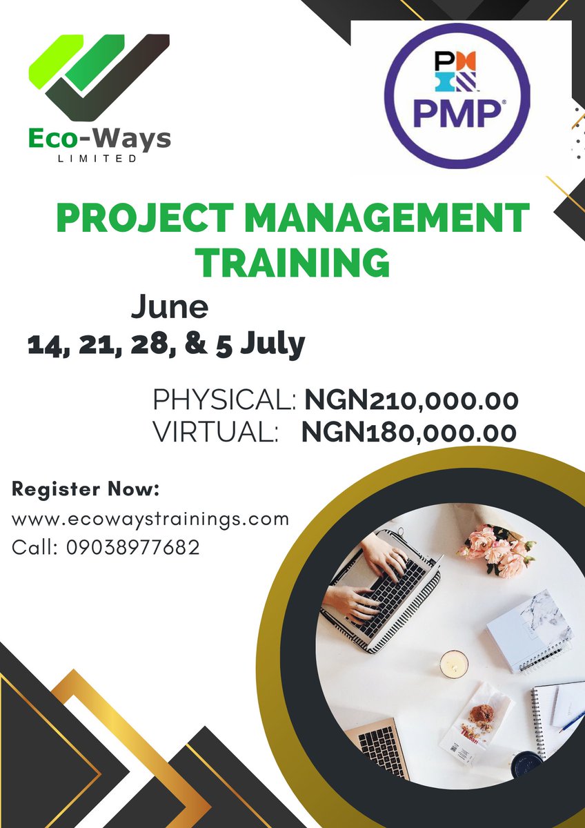 EcoWaysLimited's tweet photo. Gain a career advantage with PMP certification!

Join our upcoming PMP Training cohort starting on June 14th, 2025, for four Saturdays only.

📆 Dates: June 14, 21, 28 &amp; 5th July 2025.
🏢 Onsite @ N210,000.00
💻 Virtual @ N180,000.00 

To register, call 0903-897-7682, send a DM https://t.co/kZcwkPa0Yz