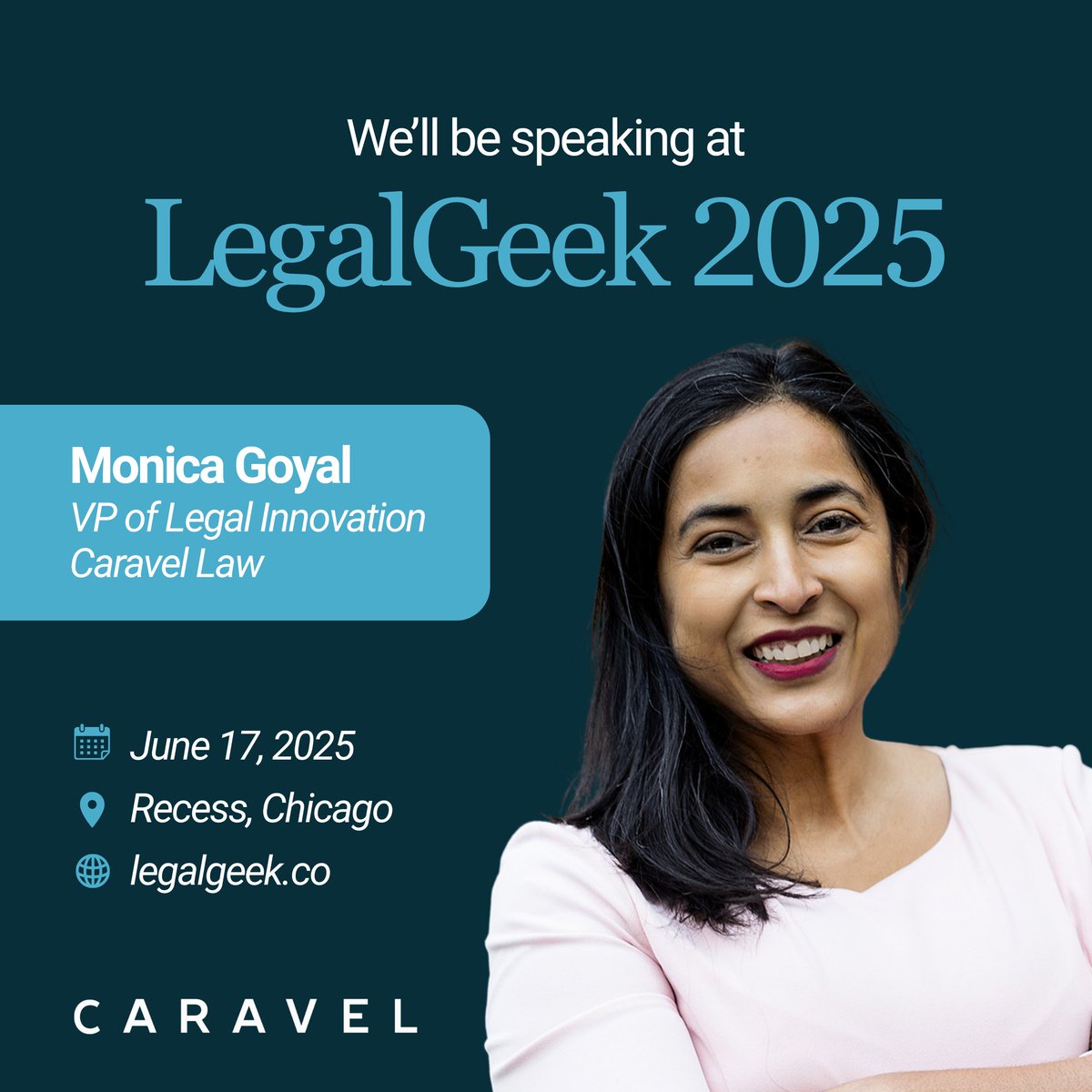 Caravel_Law's tweet image. 🚀 We’re heading to LegalGeek 2025! We’re thrilled to have our VP of Legal Innovation, Monica Goyal, representing Caravel Law at one of the world’s leading legal tech conferences. 💡

📅 June 17, 2025
📍 Recess, Chicago
🔗 legalgeek.co