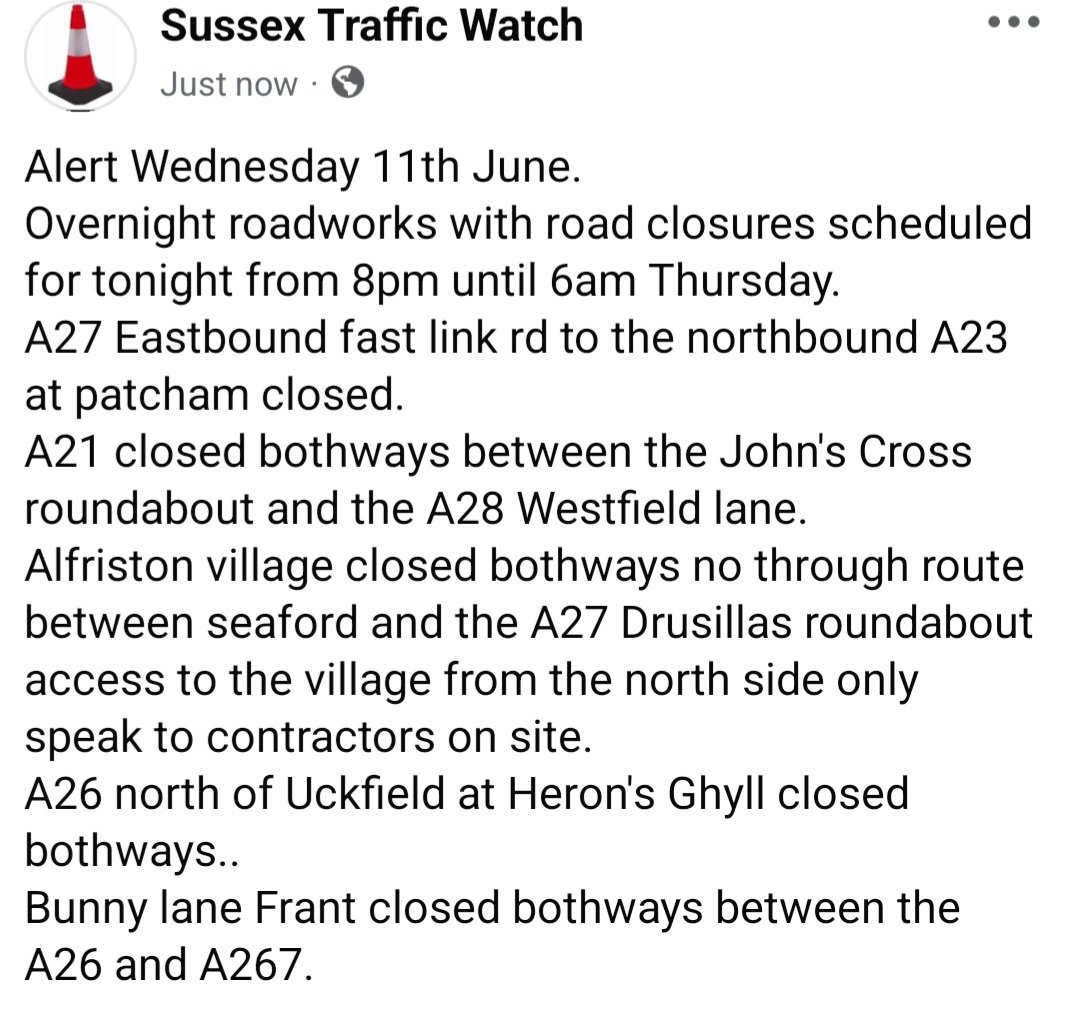 Overnight roadworks with road closures scheduled for tonight from 8pm until 6am Thursday <a href="/SylvMelB/">Sylvie Blackmore</a> <a href="/BBCSussex/">BBC Sussex</a> <a href="/hawkinthebury/">C Mellor - SeahavenFM Drivetime</a> <a href="/SussexIncidents/">Sussex News - Breaking news for Sussex</a> <a href="/hailshamfm/">Hailsham FM</a> <a href="/StagecoachSE/">Stagecoach South East</a> <a href="/GHRSussex/">Greatest Hits Radio Sussex News</a> <a href="/RegencyRadio/">Regency Radio</a> <a href="/moresussex/">More Radio</a> <a href="/V2RadioSussex/">V2 Radio</a> <a href="/MSR1038/">Mid Sussex Radio CIC 103.8FM</a>