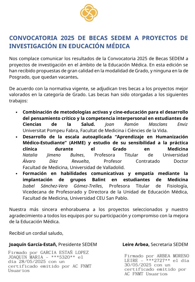 💪😎Gran noticia: la Sociedad Española de Ed. Médica (SEDEM) ha concedido una beca nuestro proyecto: "Desarrollo de la escala "Aprendizaje en Humanización Médico-Estudiante (AHME) y estudio de su sensibilidad a la práctica clínica" Enhorabuena al equipo!!
sedem.org/wp-content/upl…