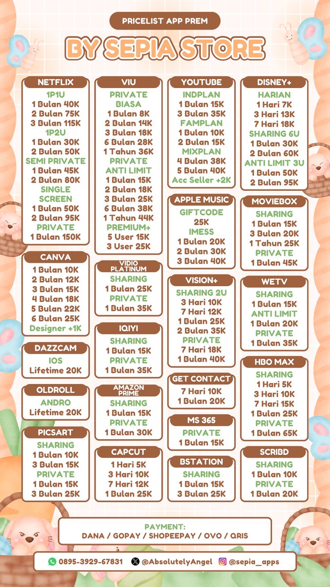 mushroobm's tweet photo. 💐 Hello bello peeps, aku jual 𝘼𝙋𝙋 𝙋𝙍𝙀𝙈𝙄𝙐𝙈 (｡•̀ᴗ-)✧ mulai dari Netflix, disney +, we tv, viu, vidio, hbo go, dll.

🐈 :trusted dan bergaransi
(testi di profile)
☎️: https://t.co/ZG5nByRtqy
💳: all e-wallet. #zonauang https://t.co/MRFiMPZ61f