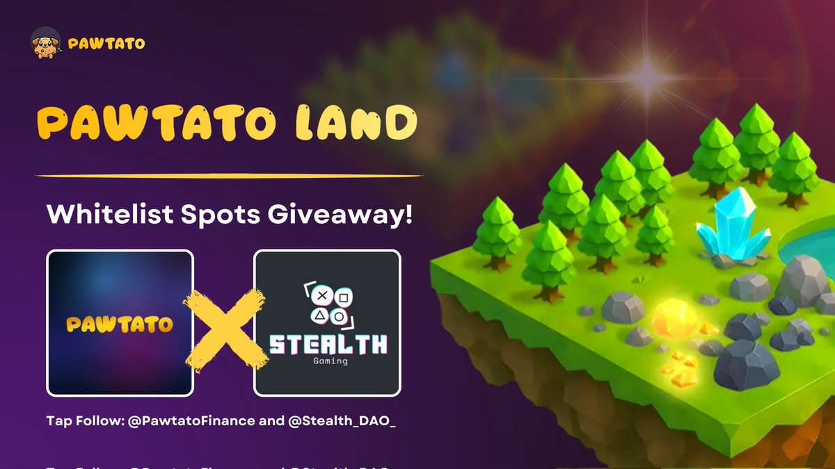 Stealth_DAO_'s tweet photo. Partnered with @PawtatoFinance to GiveAway 15x Pawtato Land Whitelist

How to enter:
▪️ Follow @Stealth_DAO_ , @realkizzy1000 and @PawtatoFinance
▪️ Like + RT
▪️ Tag 3 friends

24hrs ⏳ https://t.co/oFrFvb8umi