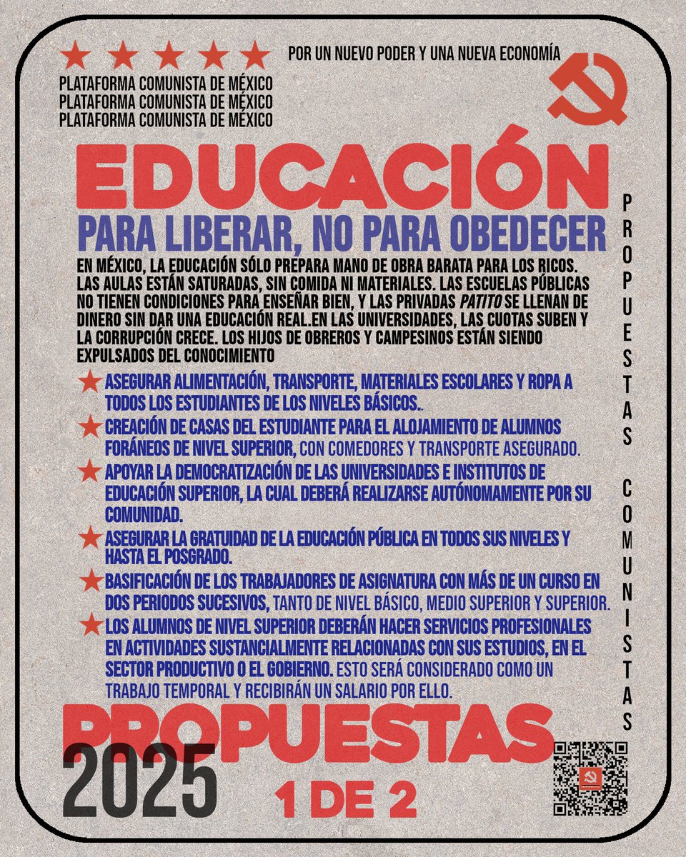 PlataformaPCM's tweet image. #PropuestasPCM: ¿Qué proponemos en cuestión de educación?

La idea de la educación en México se  vende como un mecanismo de movilidad social, pero en la práctica  funciona como una máquina de entrenamiento de la mano de obra acorde con  las necesidades del mercado. Los planes y…