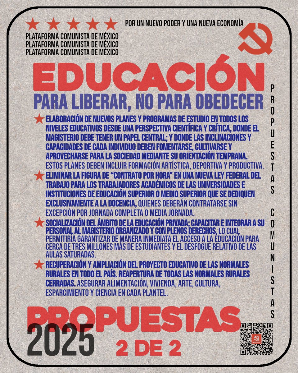 PlataformaPCM's tweet image. #PropuestasPCM: ¿Qué proponemos en cuestión de educación?

La idea de la educación en México se  vende como un mecanismo de movilidad social, pero en la práctica  funciona como una máquina de entrenamiento de la mano de obra acorde con  las necesidades del mercado. Los planes y…