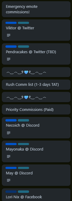 UPDATE REGARDING CURRENT SLOTS! These are my current commissions being worked on, and now, I can finally breathe and focus on everything I need to deliver.

All the situations, pauses and late commissions recently were all caused by my previous relationship, so I apologize.