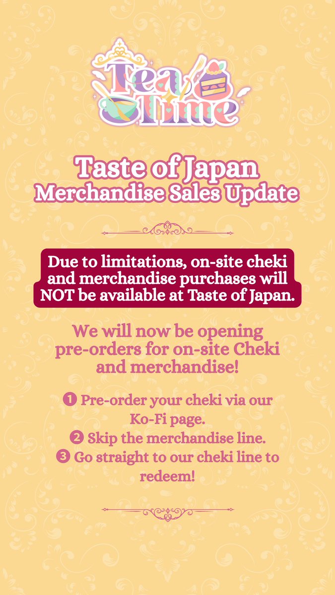 Taste of Japan Appearance 🫖☕️
Sales Announcement 

⌢⌢⌢⌢⌢⌢⌢⌢⌢⌢⌢⌢⌢⌢
﹉﹉﹉﹉﹉୨♡୧﹉﹉﹉﹉﹉ 

‼️Merchandise and Cheki sales will NOT be available on site at our appearance at Taste of Japan in Anaheim.

Please pre-order merchandise here: ko-fi.com/teatimeidols/s…