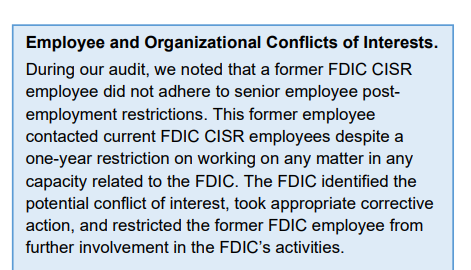 bank_reg's tweet image. Maybe slightly more seriously from today&apos;s FDIC IG report, there is this box on &quot;Employee and Organizational Conflicts of Interests&quot;
