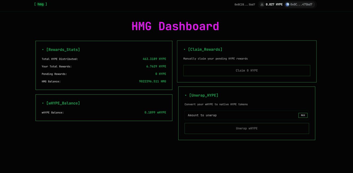 $HMG dApp is online and working beautifully. View total amount of rewards generated, your all time rewards earned, and current rewards. You can also claim these rewards and unwrap them straight from the dApp as well! 

Many more cool tools and gadgets coming to the #HMG fam on