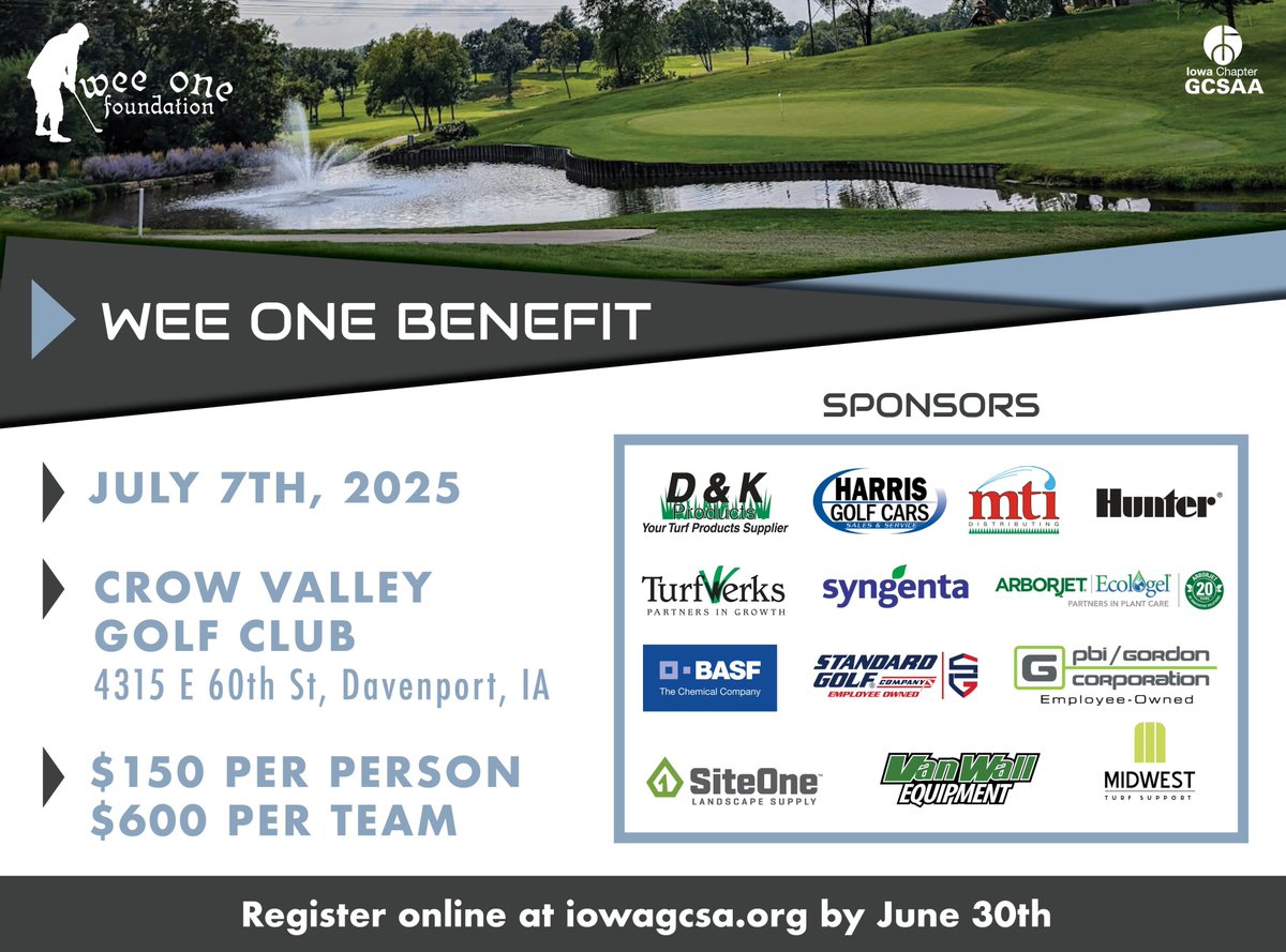 GcsaIowa's tweet image. Just a few days remain to register for this year's Wee One Benefit! Join us July 7th @CrowValleyGolf
to support this great cause (and have a whole lot of fun doing it!!) Register by June 30 at iowagcsa.org/events/. We hope to see you there! ⛳️
@wee1foundation @Iaturfinstitute