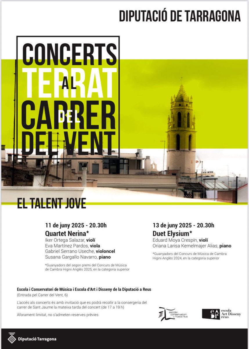 🎶 Avui, no et perdis el Quartet Nerina! 🎻✨
Quatre joves talents premiats al concurs Higini Anglès, compartiran una actuació plena d'emoció i virtuosisme. Vine i gaudeix d'una proposta cultural amb un paisatge urbà singular i únic. T’hi esperem! 🌟<a href="/Dipta_cat/">Diputació de Tarragona</a> #femcultura #50anys