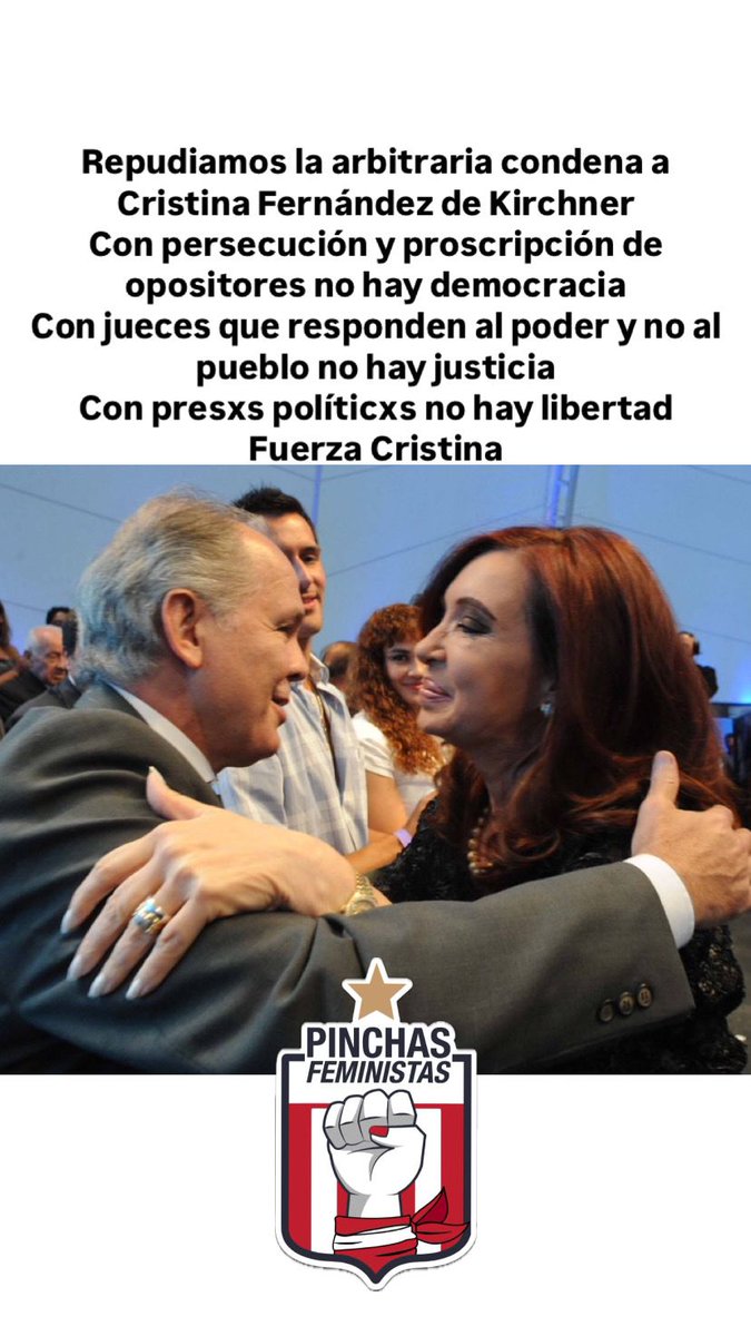 Repudiamos la arbitraria condena a <a href="/CFKArgentina/">Cristina Kirchner</a>
Con persecución y proscripción de opositores no hay democracia
Con jueces que responden al poder y no al pueblo no hay justicia
Con presxs políticxs no hay libertad
Fuerza Cristina