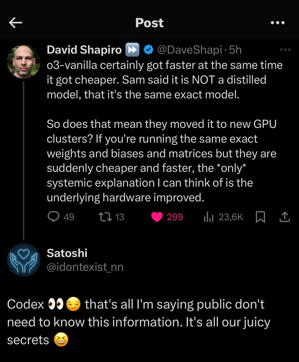 🚨 BREAKING: The reason o3 and o3-pro are insanely cheap?

OpenAI secretly used Codex as an internal agentic software engineer to brutally optimize inference costs.

We’re talking surgical-level code refinement, system-wide efficiency gains, done by AI coding AI.

Source?