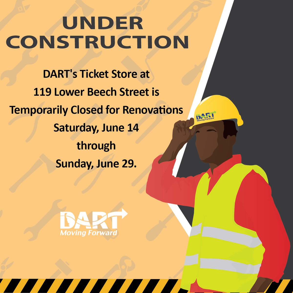 Dartfirststate's tweet image. We’re making improvements to serve you better! Thanks for your patience as we upgrade your experience.  To purchase tickets, visit: dartfirststate.com🛠️✨ #DARTMovingForward #UnderConstruction #CustomerCare