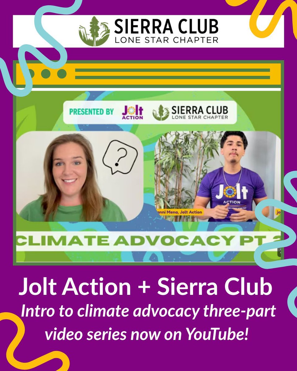 TexasSierraClub's tweet image. Curious about climate advocacy but not sure where to start?
We’ve got you. 💜
Jolt Action + Sierra Club Lone Star Chapter just dropped a new video series breaking down how climate, community organizing, and justice intersect in Texas.✊
🔗 Watch now: bit.ly/4l1k4iq