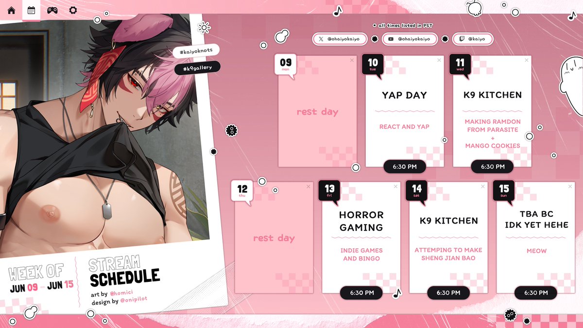 【jun 9- jun 15】

hi i've been so bad about postingmy schedule on here

fundraising stream on saturday!