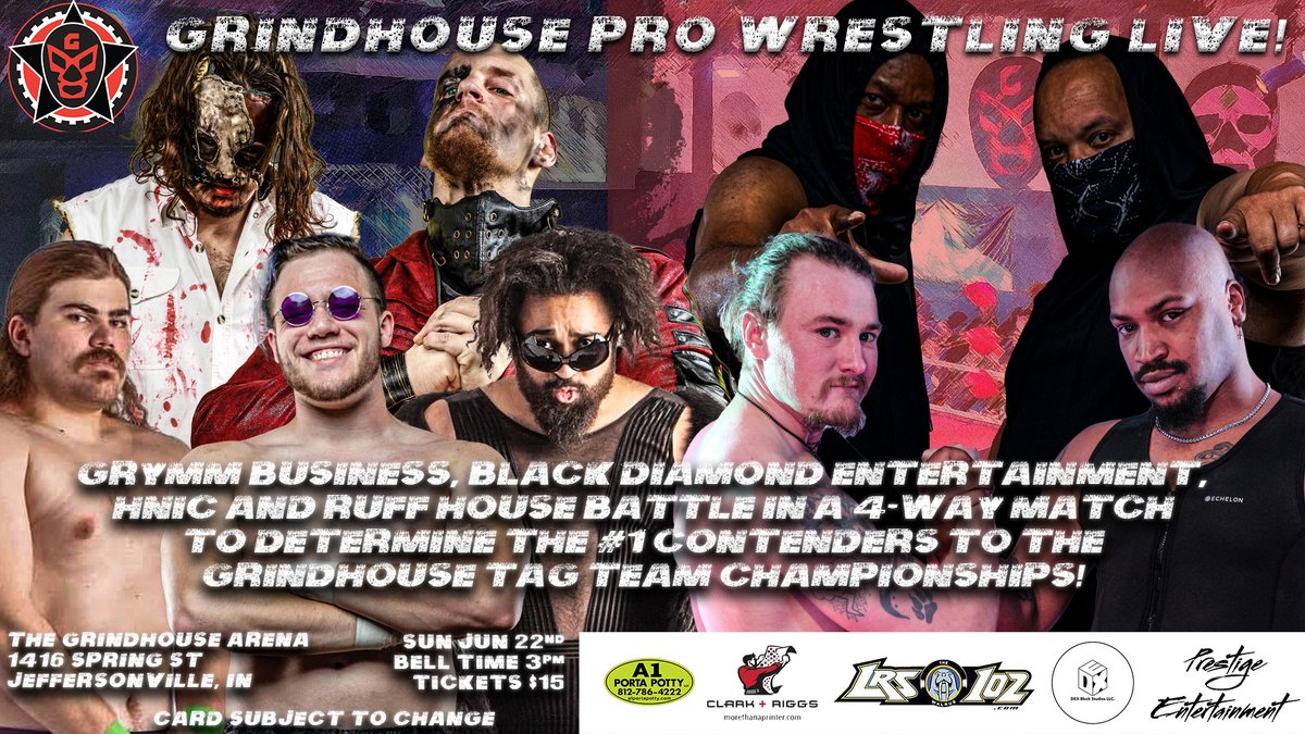 Four teams will do battle, but only one will become the new No. 1 Contenders to the Grindhouse Tag team Championships!

Sun Jun 22, 3 PM
The Grindhouse Arena
1416 Spring St
Jeffersonville, IN

🎟️🔗: wergrindhouse.com/events

#AEWDynamite