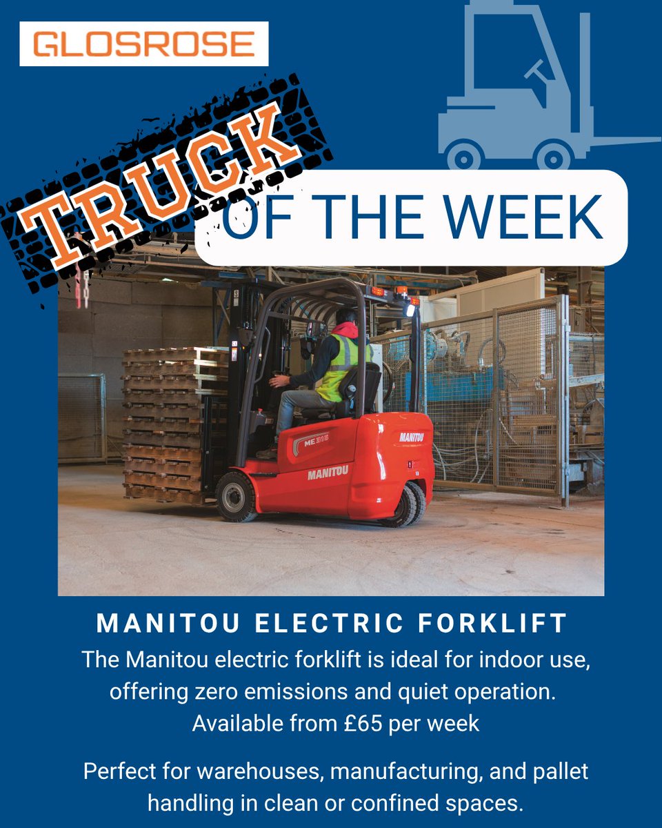 Our Truck of the Week: the Manitou electric forklift – a clean, quiet and capable choice for indoor operations.

Available for hire or sale on our website: ow.ly/xxlq50W3sXF

#TruckOfTheWeek #ElectricForklift #ManitouUK #Glosrose #WarehouseEquipment #SustainableLifting