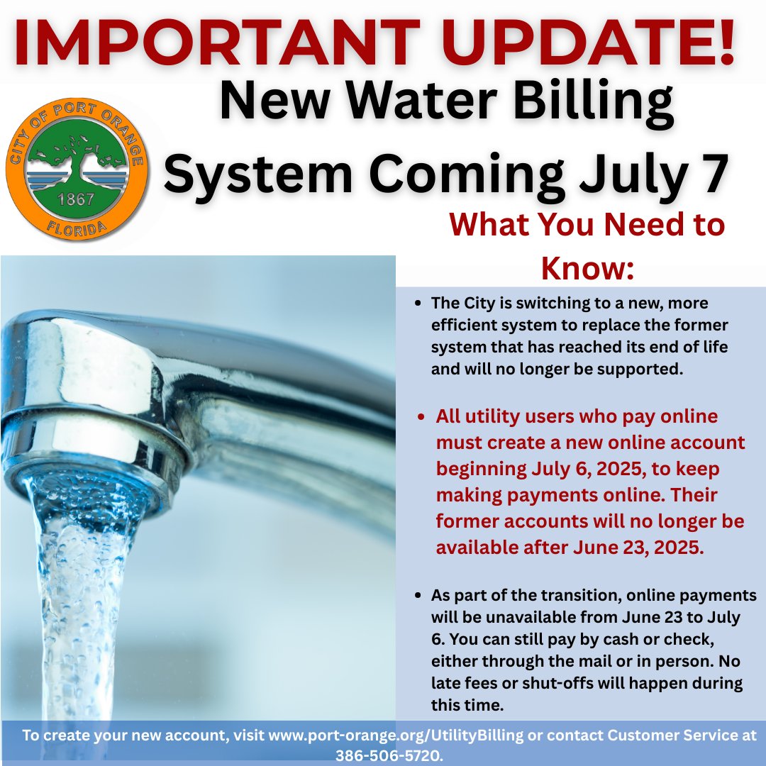 cityportorange's tweet photo. What’s Happening: 📢📅
Starting July 7, 2025, the City of Port Orange is launching a new and improved water utility billing and payment system. https://t.co/fD1oJTFOQa