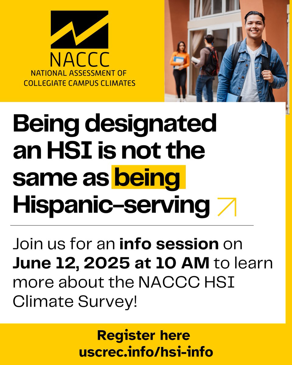 USCRaceEquity's tweet image. 🟡 Being an HSI ≠ being Hispanic-serving.

Want to better serve Latinx students?

📅 Info session TOMORROW — June 12 @ 10 AM PT

🧠 Learn about the NACCC HSI Climate Survey

🔗 Register now: uscrec.info/hsi-info

#HSIMission #LatinxSuccess #DEI #HigherEd
