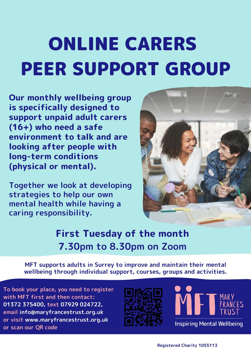This #CarersWeek we want to remind you that there is support available in your community for adult carers 💗

Book your place for FREE 👉Register with MFT first and then contact: 01372 375400, text 07929 024722, email info@maryfrancestrust.org.uk or visit maryfrancestrust.org.uk
