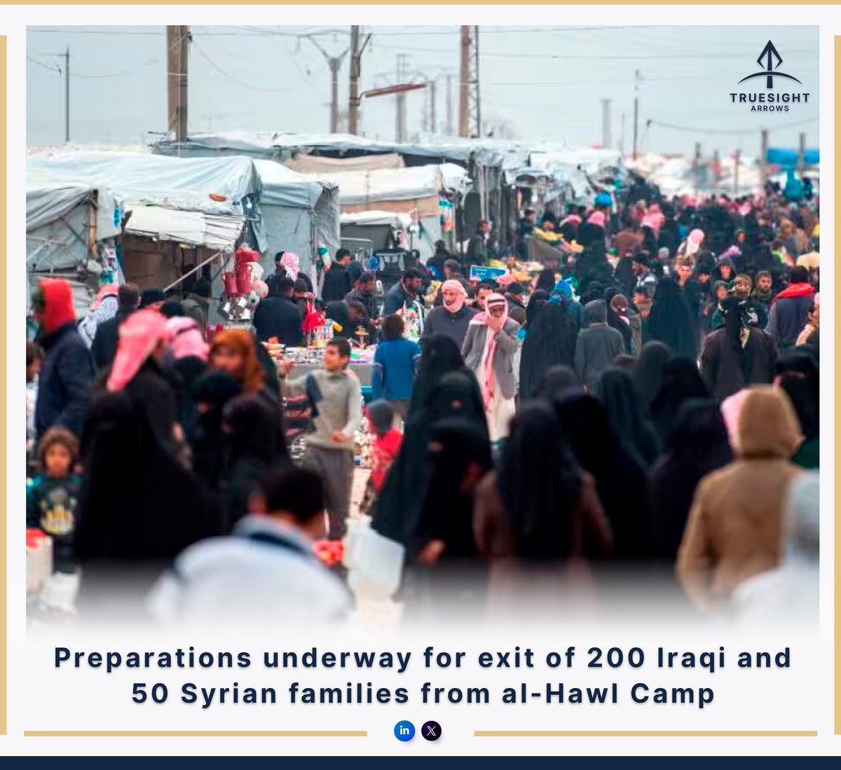 TruesightArrows's tweet photo. Syria – Plans underway to evacuate 200 Iraqi and 50 Syrian families from al-Hawl Camp after Eid al-Adha. Effort coordinated with tribal leaders under tight security, as Coalition surveillance continues. Camp population still ~40,000. #Syria #alHawl #Iraq #SDF #Repatriation https://t.co/375AcdSeFh
